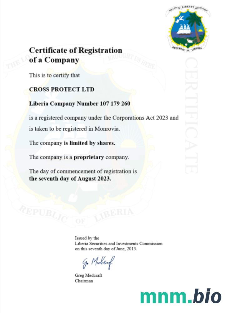 Liberia business registration vcertyfikat Word i szablon PDF